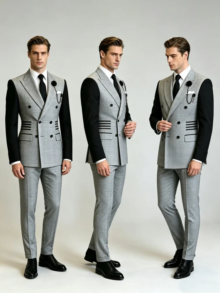 Men Grey Plaid Double Breasted Blazer Contrast Black Long Sleeve Waist Strip Decor Slim Fit Wedding Groom Stage Formal Tuxedo Ja