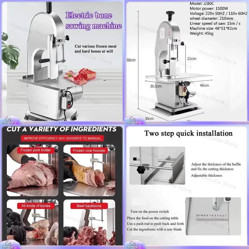 

1500W Electric Meat Slicer Machine for Frozen Meat Cutting Adjustable Thickness Band Saw Food Grade Butcher Cutter Commercial