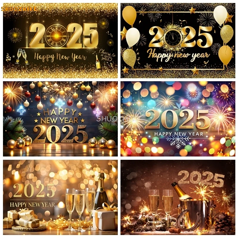 

Happy New Year 2025 Backdrop Glitter Fireworks Clock Champagne New Years Eve Christmas Family Party Photography Background Decor