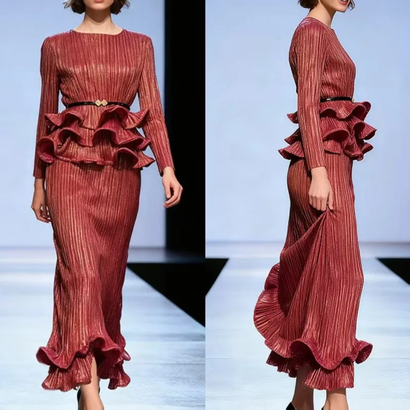 Set gonna a pieghe Miyake girocollo 2025 Nuovi pieghe Top e gonna alla moda Set da 2 pezzi Set premium dimagrante in vita definito da donna