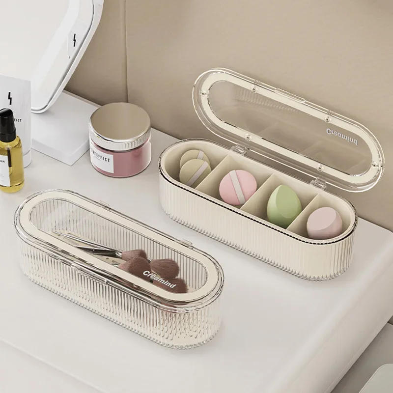

4 Grids Desktop Box with Lid Dustproof Makeup Box Beauty Egg Drain Rack Makeup Brush Case Cosmetics Organizers Travel makeup