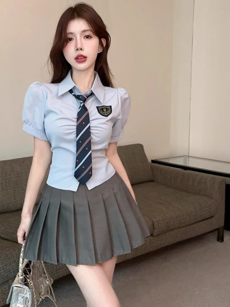 Korean College Polo Collar Shirt Pleated Skirt Two-piece Set Women Shirring Bubble Sleeves Sweet Fashion Slim Summer Lady Wear