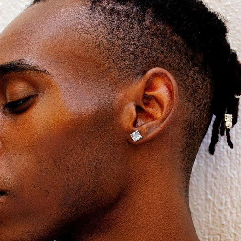 Classic 4 Claws Hippie Stud Earrings for Men Square Blue Zirconia Hiphop Ear Piercing Lobe Accessories Punk Rapper Party Jewelry