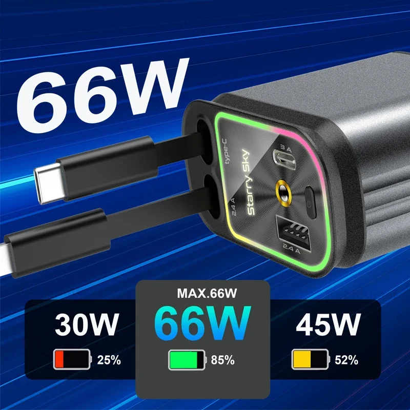 4 in 1 intrekbare autotelefoonoplader 120 W met USB C Lightning-kabel Dak Starlight snel opladen voor iPhone Samsung-telefoons