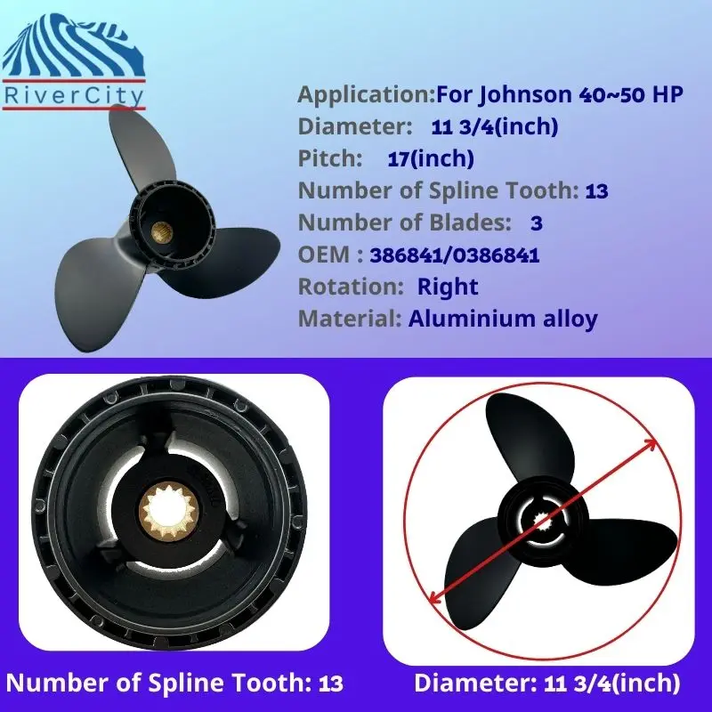 For Johnson 40hp 45hp 50hp Outboard Propeller 11 3/4x17 Boat Motor Aluminum  Screw Ship Marine Engine 3 Blade 13 Spline