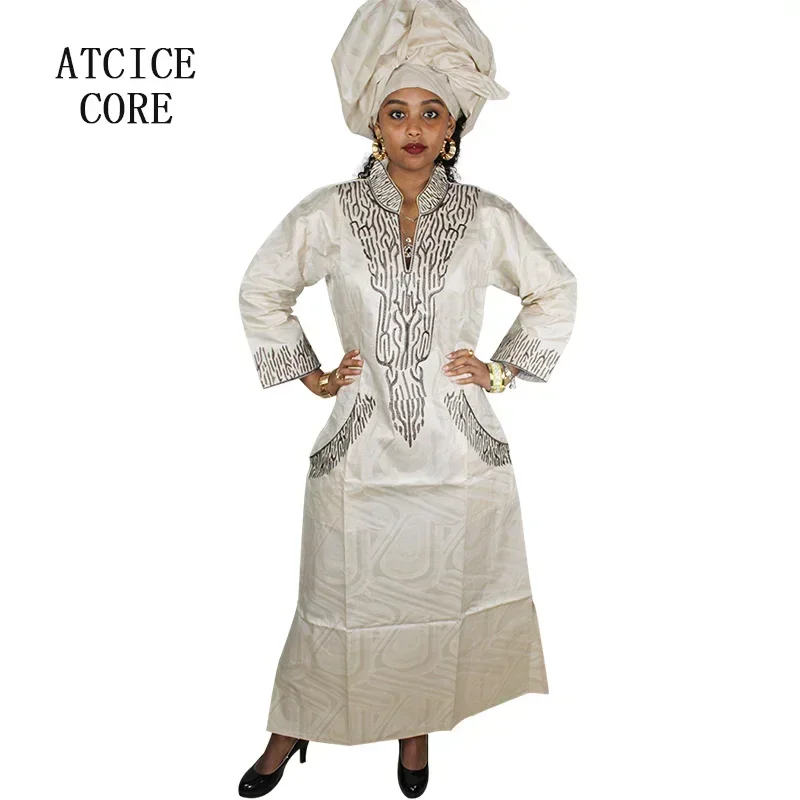 African Dresses For Women Fashion Design New African Bazin Embroidery Design Dress Long Dress With Pocket With Scarf