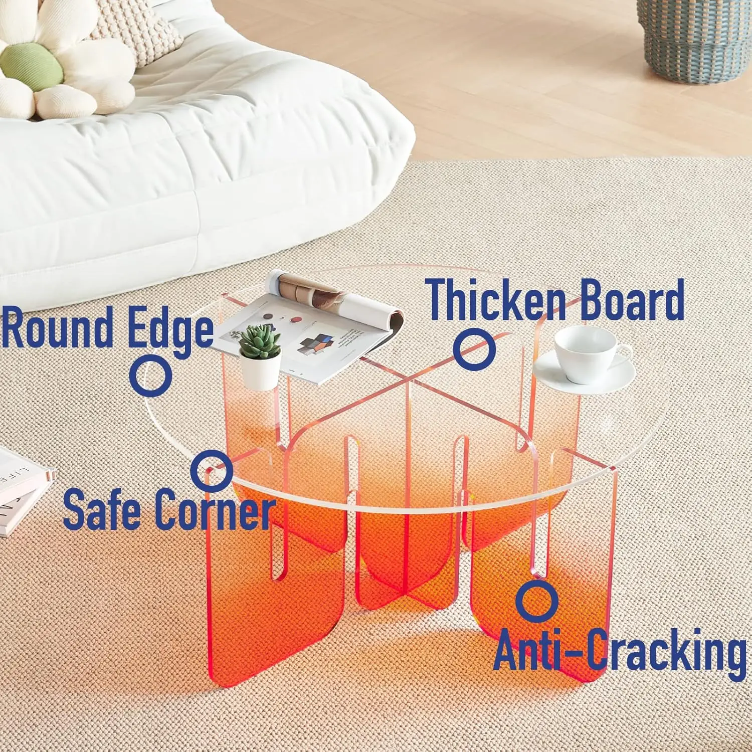 Acrylic Coffee Table – 31 x 16 Inches Coffee Table with Clear Round Top & Gradient Legs – Ultrathick Modern Round Table – Red