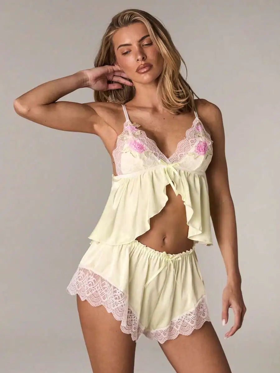 

Lace Floral Deep V Charmeuse Pajama Set With Ruffle Trim