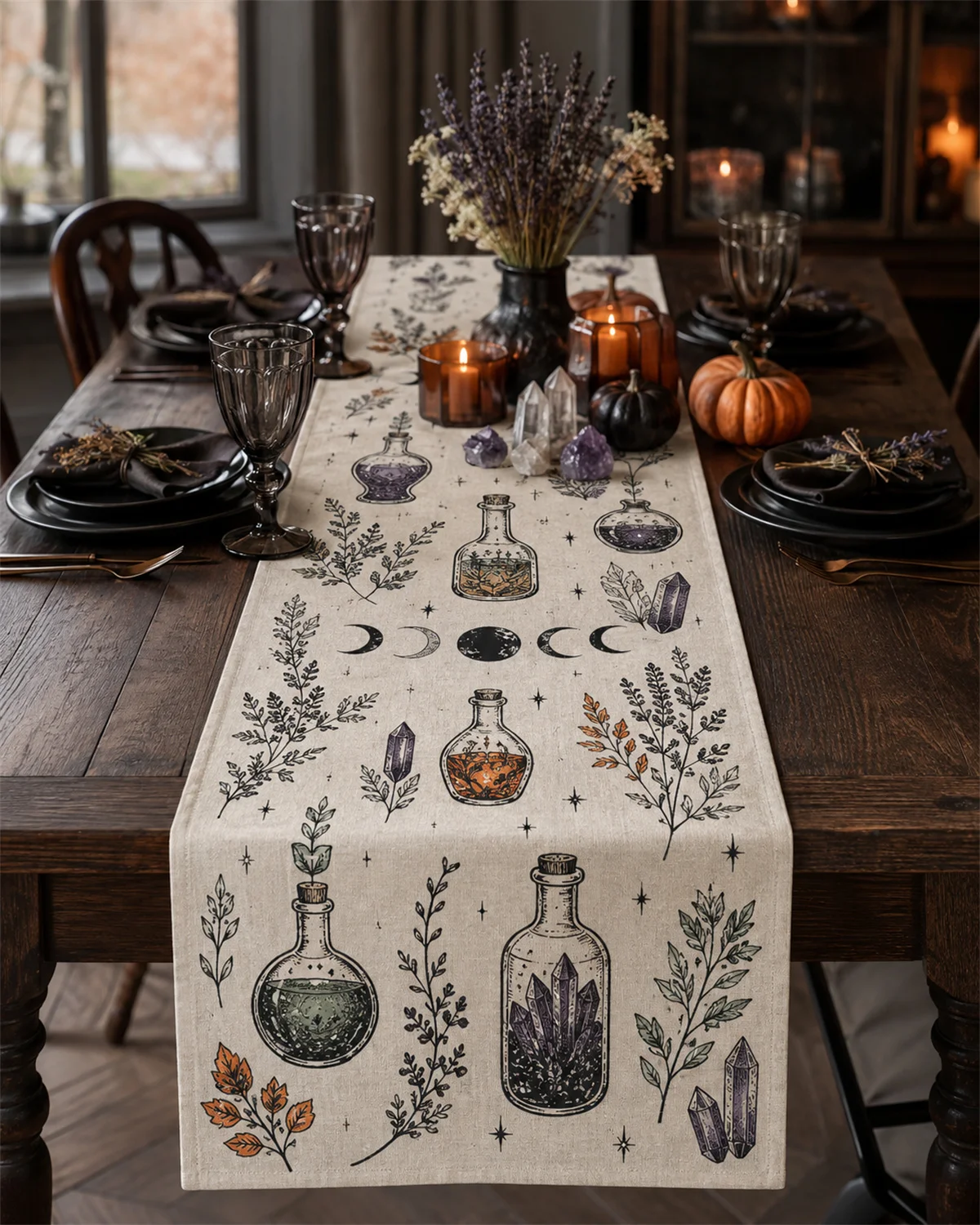 Halloween Table Runner Vintage Potion Bottle Moon Crystal Herb Magic Witchcraft Dining Table Decor Holiday Decoration