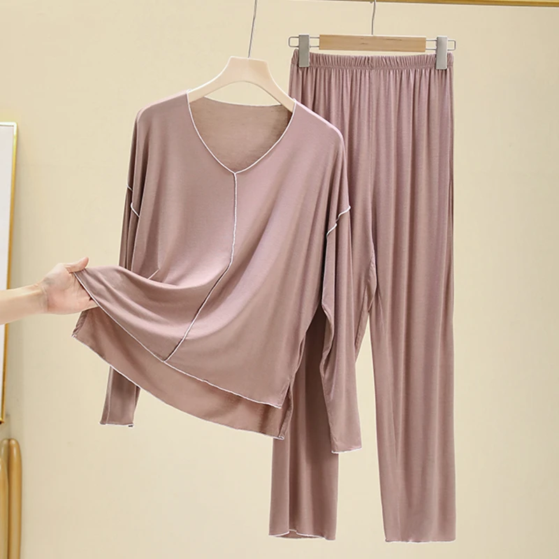 Women's V-Neck Long Sleeve Modal Sleepwear Casual Pants Home Clothes Set Thin Two-Piece Suit Comfortable Breathable Nightgown