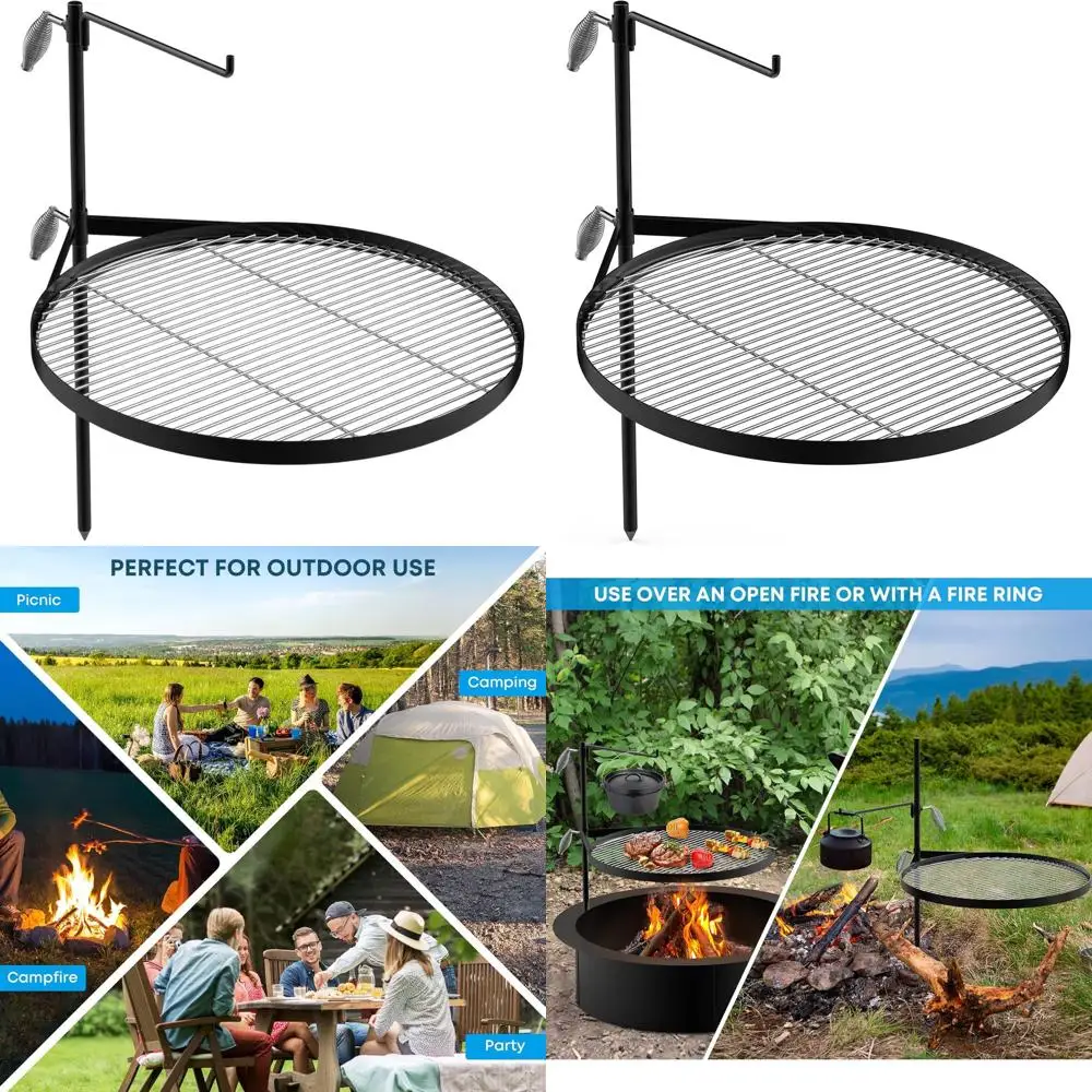 

Portable Stainless Steel Fire Pit Grill - Swing Stand BBQ Rack for Outdoor Cooking & Camping