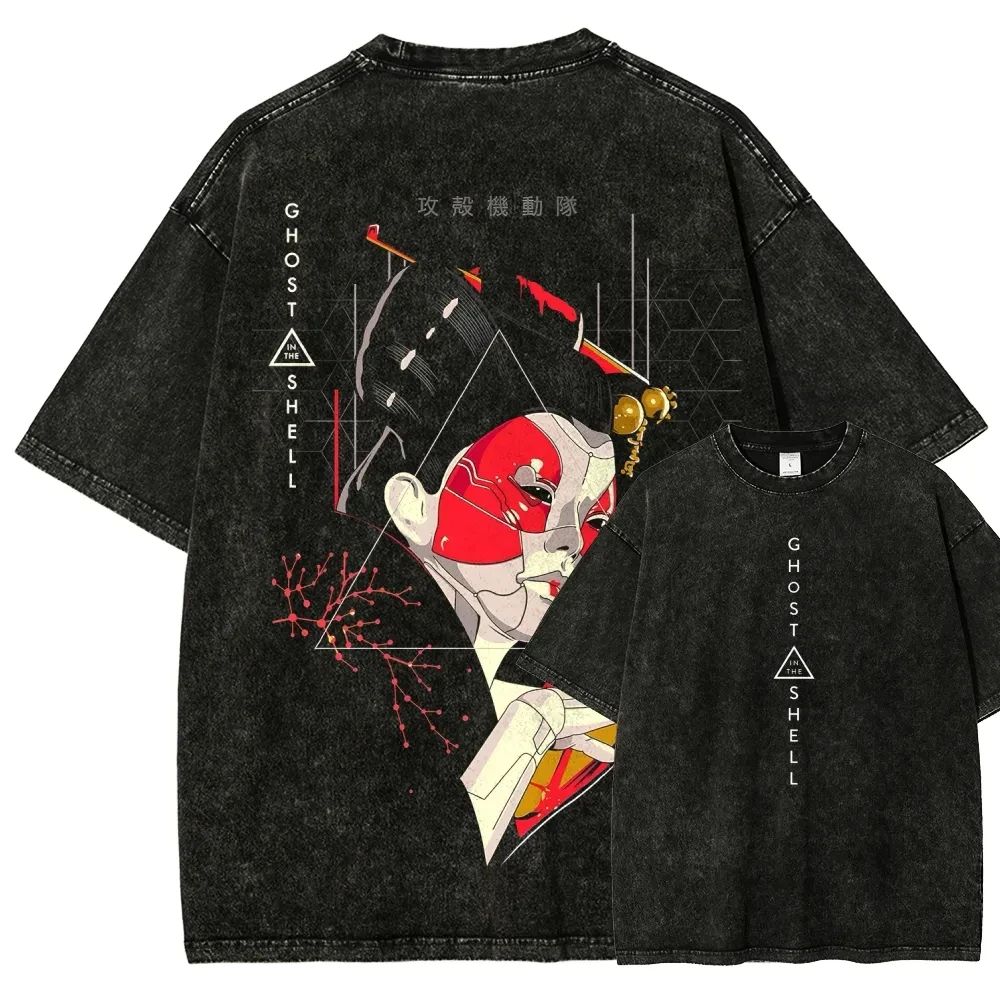 Japan Classic Anime Ghost in The Shell Graphic Print Retro Washed Tshirt New Harajuku Fashion Men Women Cotton Tee Oversized Top
