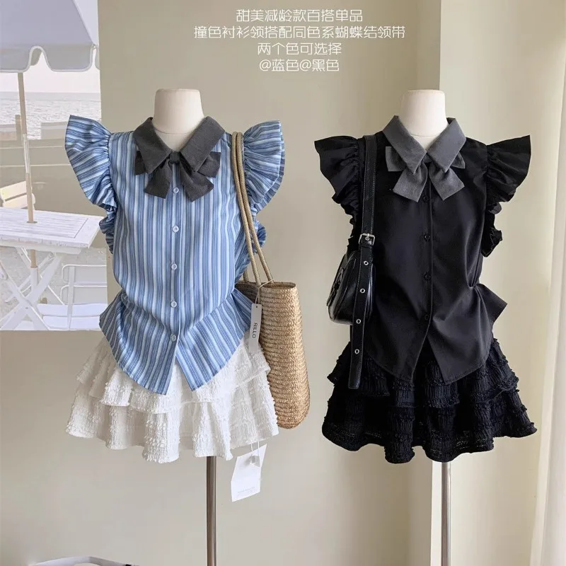 Hikigawa Chic Fashion Women Vintage Preppy Style Flying Sleeve Bow Shirts Summer Korean Casual All Match Blouse Tops Mujer