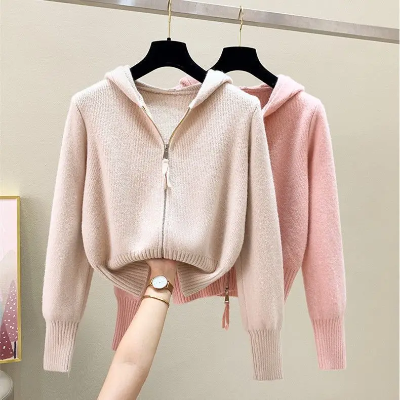 Autumn and winter new retro double zipper hooded sweater cardigan high waisted elastic flared pants two-piece set for women