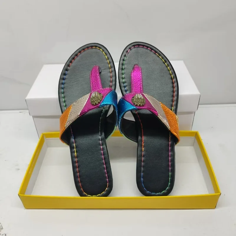 Summer Women'S Plus Size Slippers Color Blocked Flip Flops European American Fashionable Beach Shoes Household Slippers Women