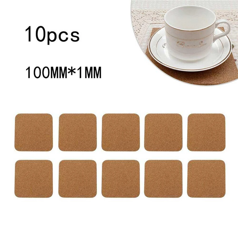 10pcs Square Natural Cork Coasters 100cm Self-adhesive DIY Mat Non-slip High Temperature Resistant For Office School Home Bar