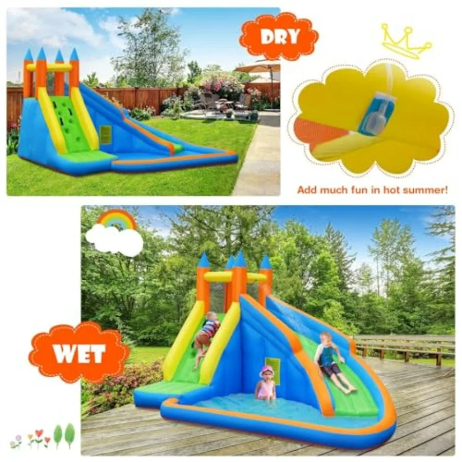 Backyard outdoor inflatable water slide for kids: PVC, blue and yellow, with climbing wall, splash pool, and quick-inflation de