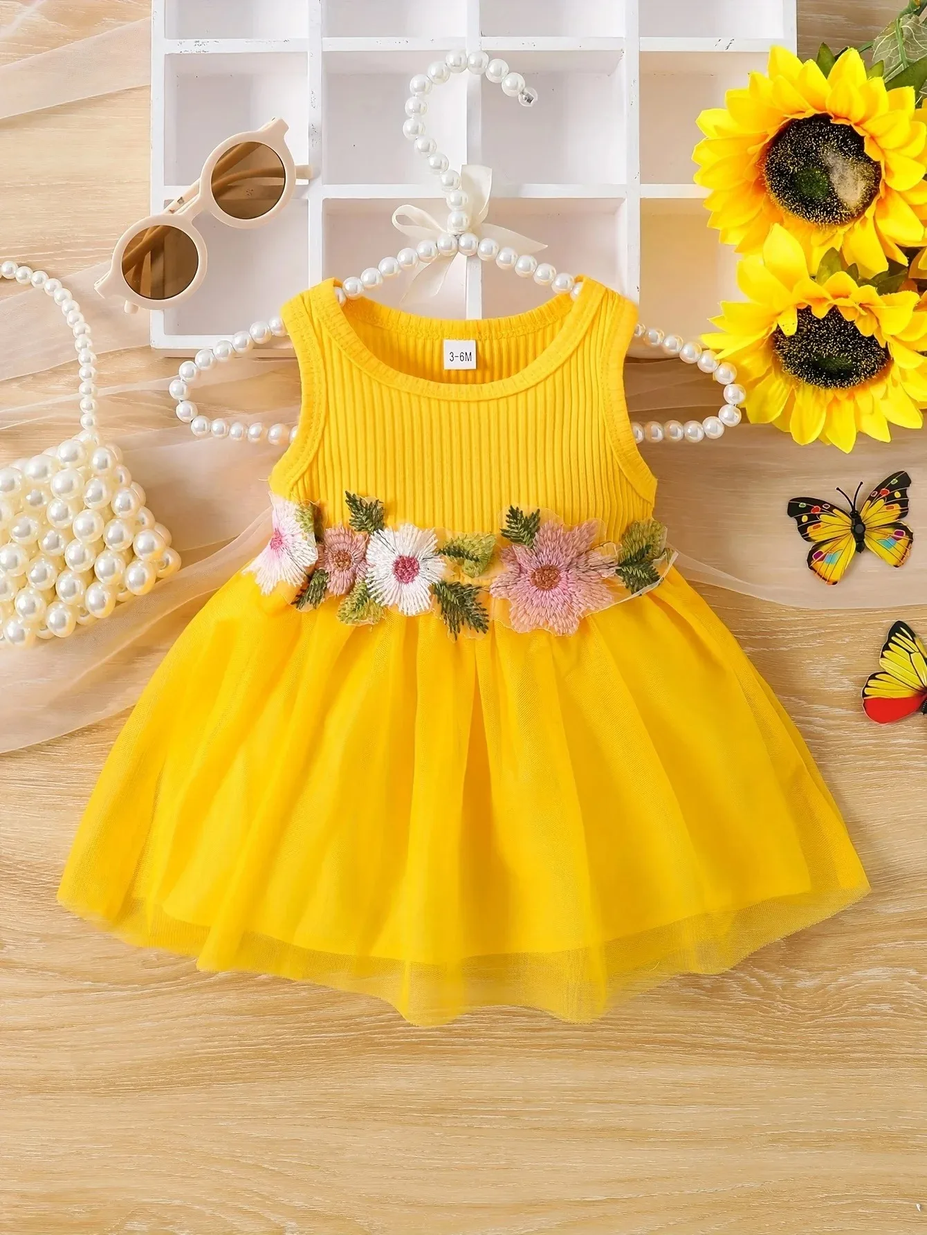 Baby and toddler girls summer sleeveless waist flower patchwork mesh sweet dress