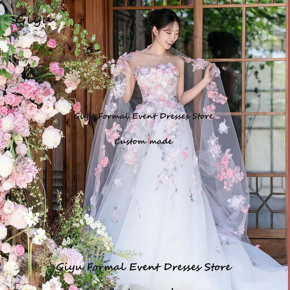 Giyu Fairy Handmade Flowers Korea Wedding Dress Photo Shoot Strapless Floor-Length Evening Gown Dress Bridal Gown