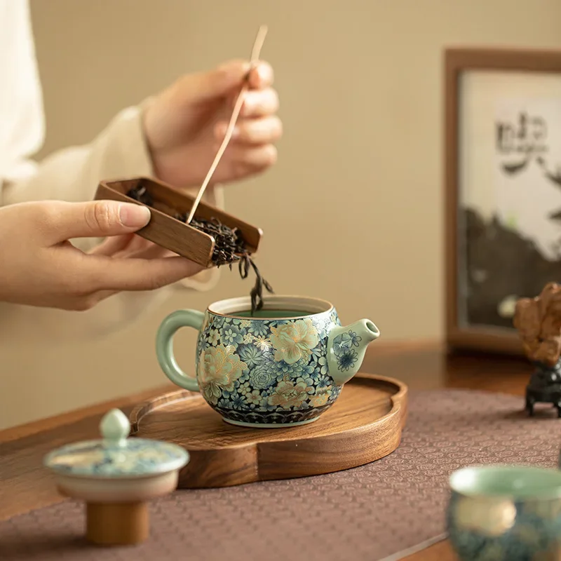 1 قطعة إبريق شاي جينغدتشن المزجج على شكل زهرة مشوية ، أدوات Ru ، إبريق شاي Wanhua Gilding Peony Hanwa وعاء ، طقم شاي الكونغ فو ، كوب تخمير الشاي المنزلي