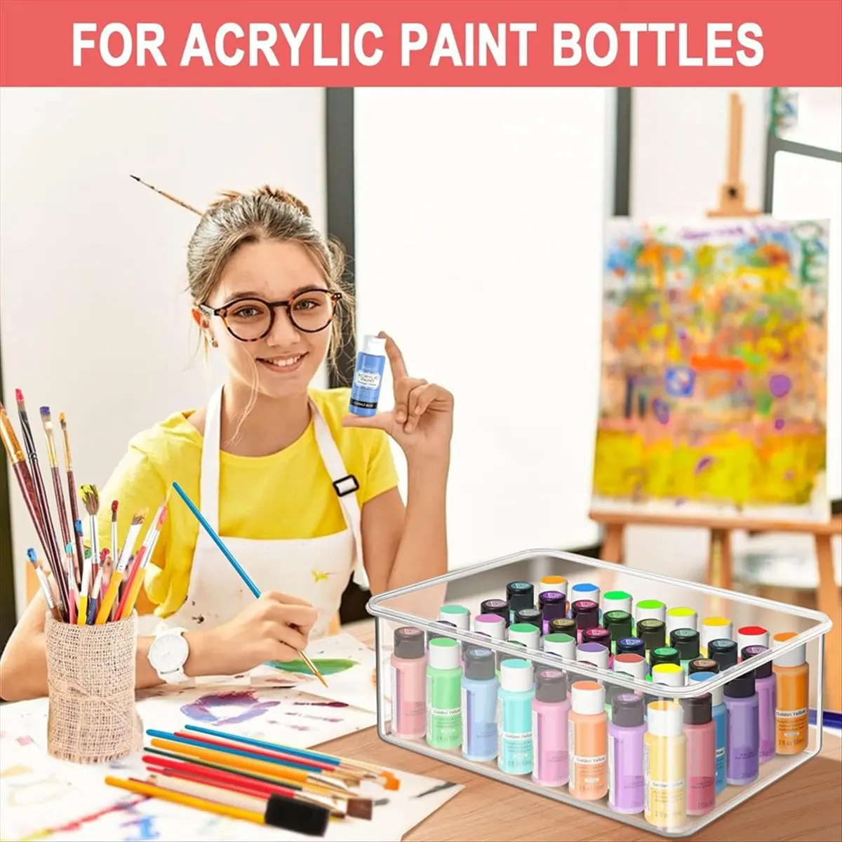KSOL Acrylic Paint Storage Box for 2 Fl. Oz Acrylic Paints, 48 Bottles Capacity, Brushes Craft Organizer with Handle