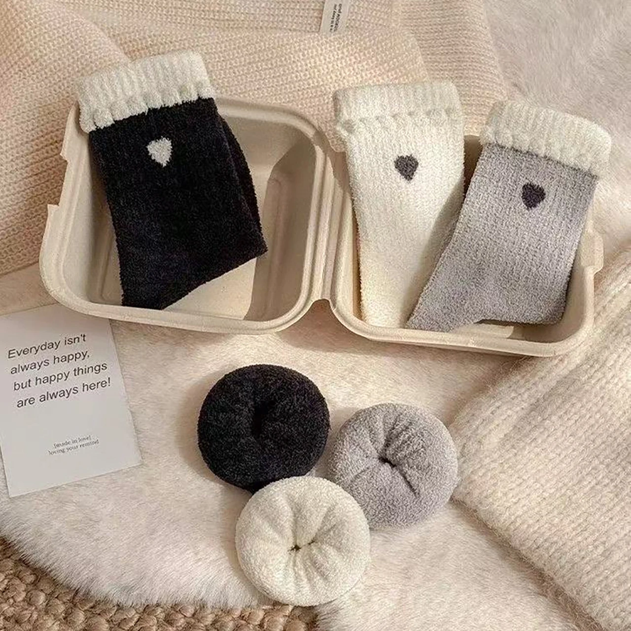 3Pair Winter Girls Plush Socks with Heart Lace Double-sided Fleece Kids Long Stockings Thick Terry Warm Children Mid-calf Socks