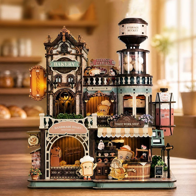 DIY 3D Wooden Bakery Store Can Move Cottage Jigsaw Puzzles Miniature Model Kits Mini Casa for Friends Birthday Gifts