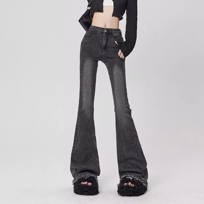 2025 رائجة البيع الإناث عالية الخصر سليم صالح رقيقة الجينز سيدة الصلبة جرس أسفل السراويل الفتيات شيك موضة ممزق سراويل جينز #1