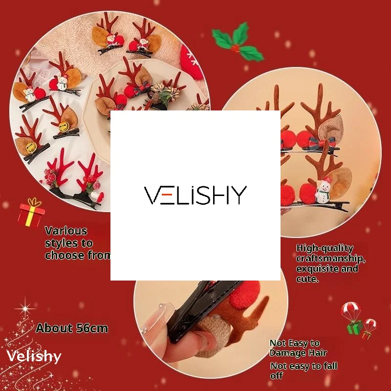 Pinzas para el pelo con forma de asta de Navidad, adornos navideños, decoración navideña para niña, accesorios para el cabello de Reno, Feliz Año Nuevo, 2 uds.