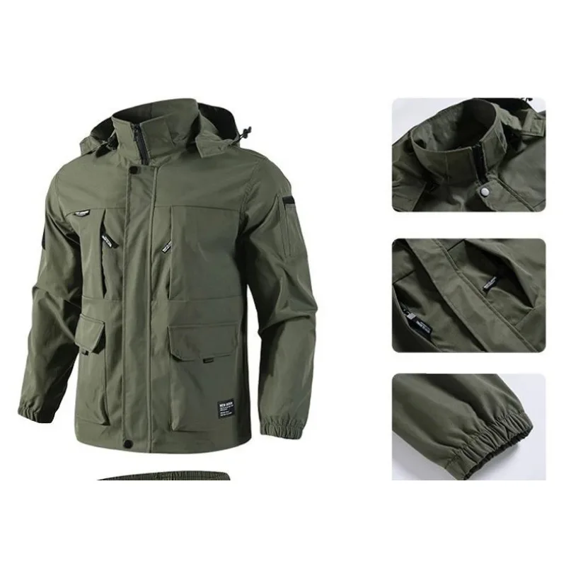 Mens Tactical Sets Spring Autumn Fleece Lined Detachable Hat Outdoor Hiking Workwear Combat Training Hunting Military Suit Men view 6