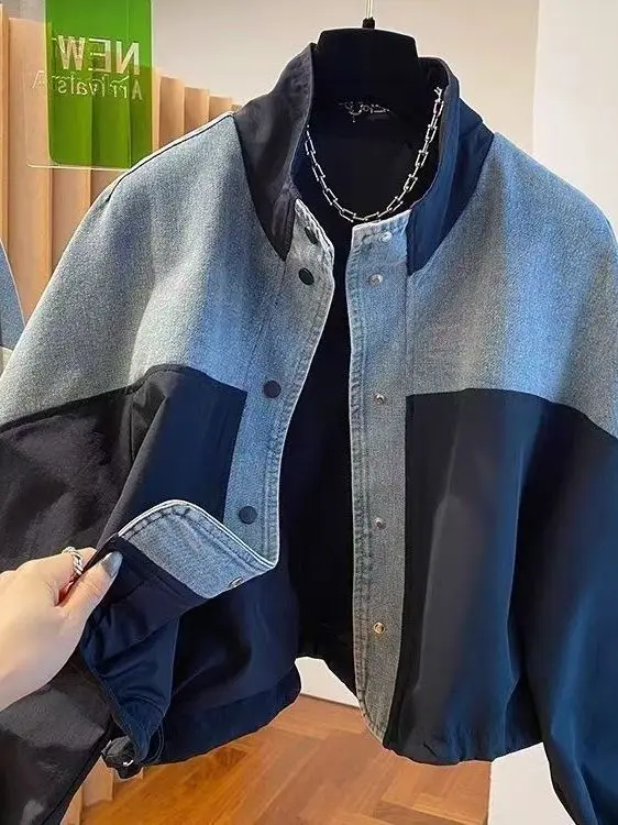 Retro Hong Kong Style Fashionable European Jacket Women's Spring New Loose Denim Short Outerwear Color Block Collar Design