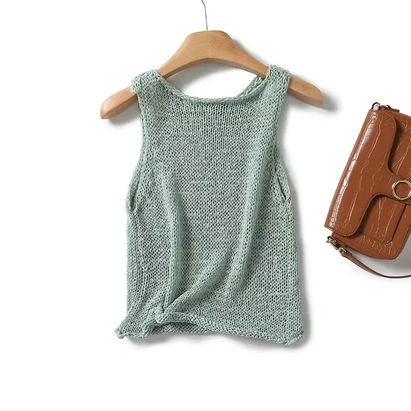 Maxdutti Knitted Vest Green Fresh Pullover Sleeveless Sweater Minimalist Mint Casual Knit Sweater Women Tank Tops