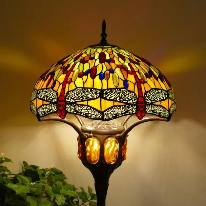 Dragonfly Lampshade Floor Lights Decoration Coffee Shop Standing Light Glowing Pearl Stained Glass Floor Lamp