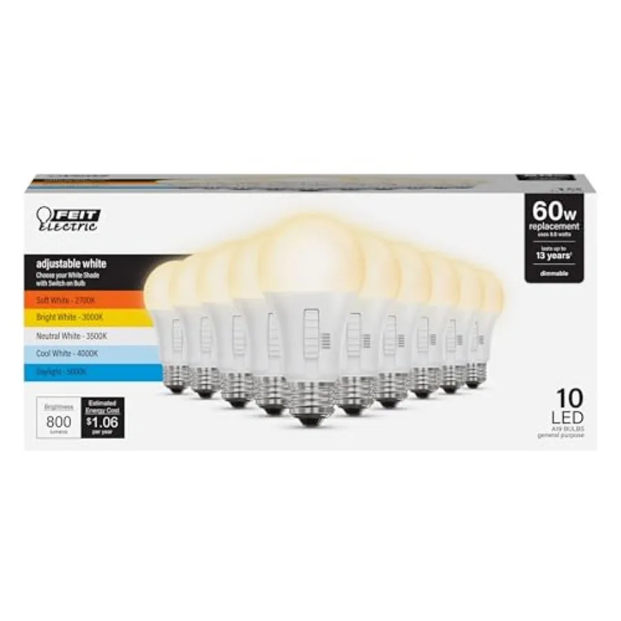 A19 LED Light Bulb, 60W Replacement,,Selectable Color Temperatures 2700K-5000K,800 Lumens, General Purpose Light Bulbs, 15, 000