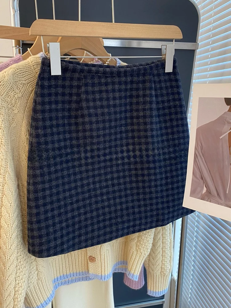 

High Waist A-Line Skirt Women's Winter Slim Fit Woolen Plaid ort Skirt Korean Sle Commute f Body Skirt