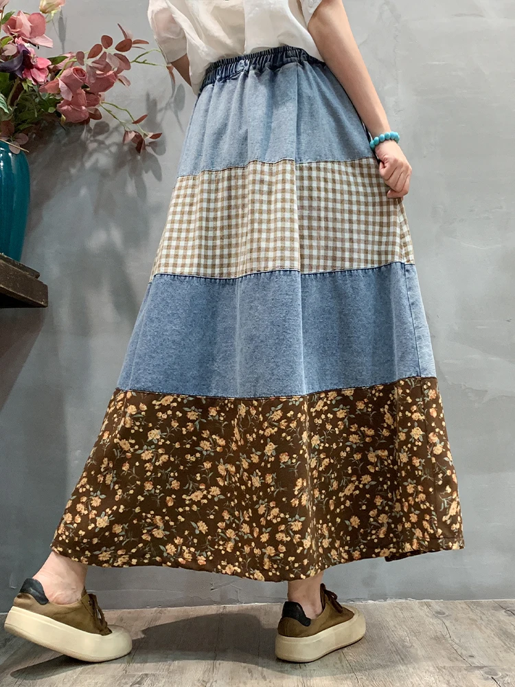 Amax luluE Spring Fashion A-line Clothes Women Luxury Casual Denim Printed Plaid Skirts Ladies Classic Vintage Floral Streetwear