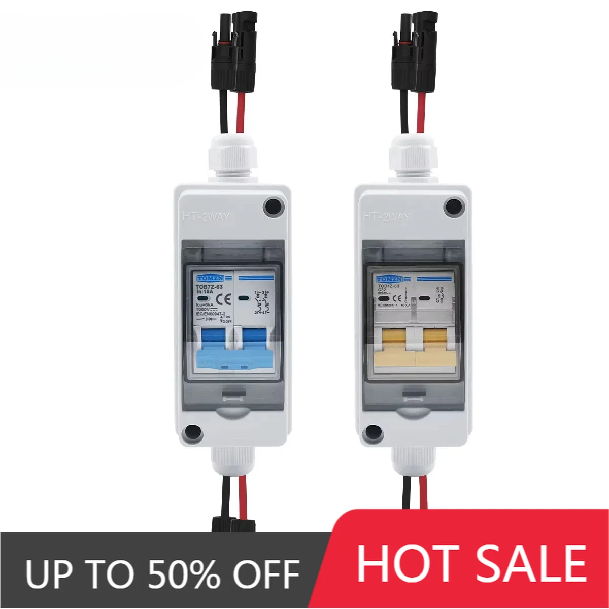TOMZN HT 2 Ways IP65 Waterproof PV Combiner Box DC 1In1Out MCB With Matching Connection Wires Solar Distribution Box