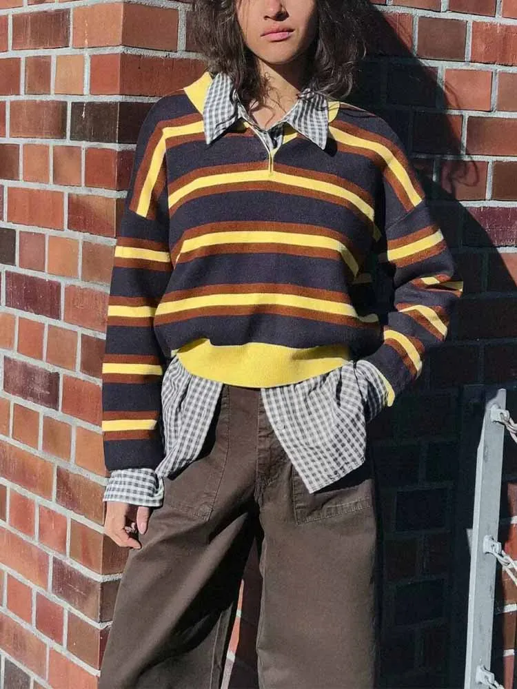 

European and American style winter new arrivals fashionable and simple women's long-sleeved striped polo collar knit sweater