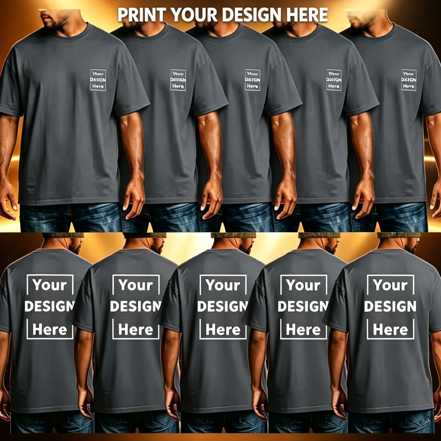 Set of 5 Custom Men's T-Shirts, Upload Your Logo/Pattern to the Front or Back, Breathable, Soft, and Comfortable