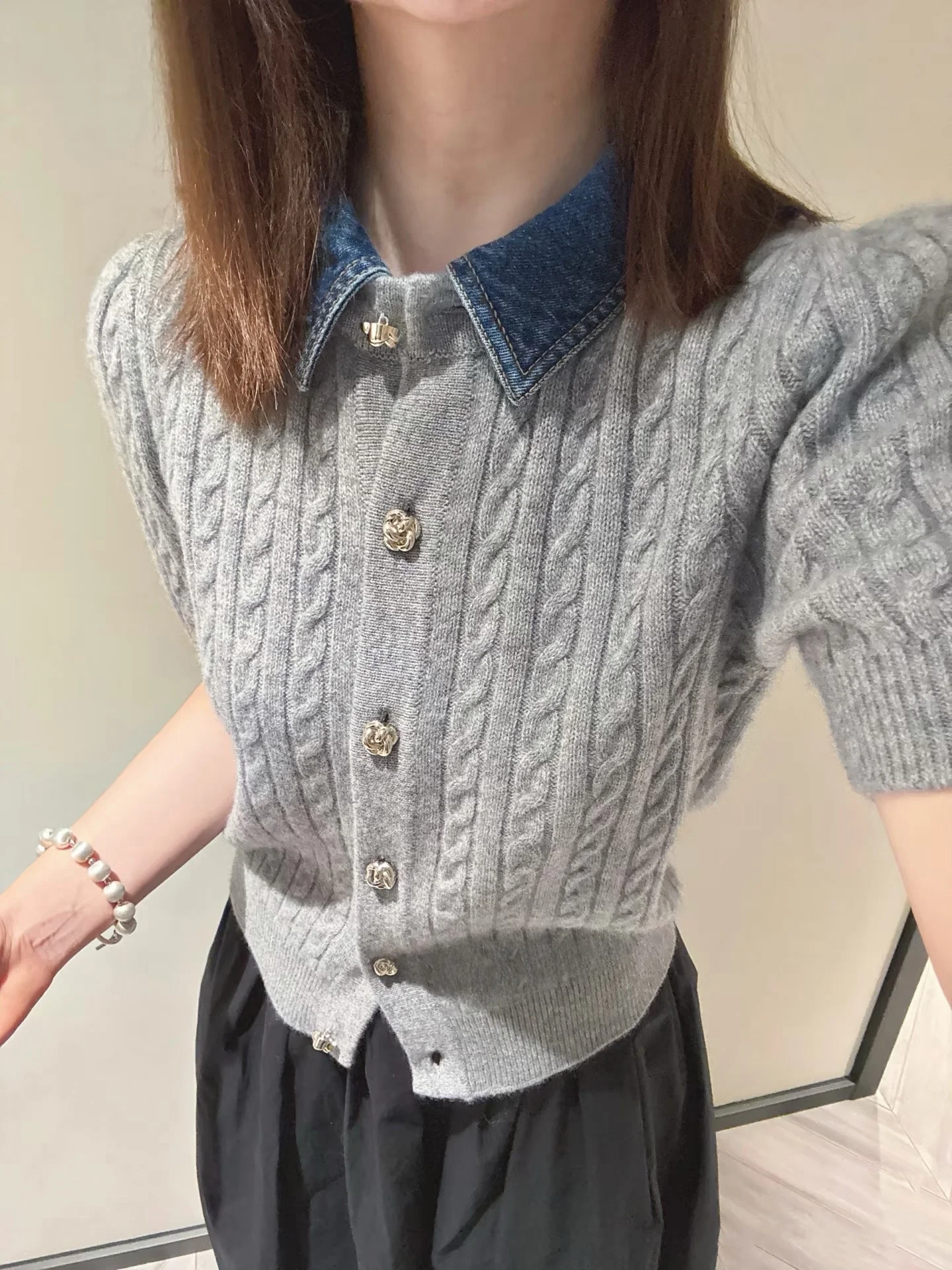 

Женский вязаный открытый кардиган в американском стиле ретро ort Sve, новинка 2025, джинсовый воротник, облегающий универсальный топ длиной ort