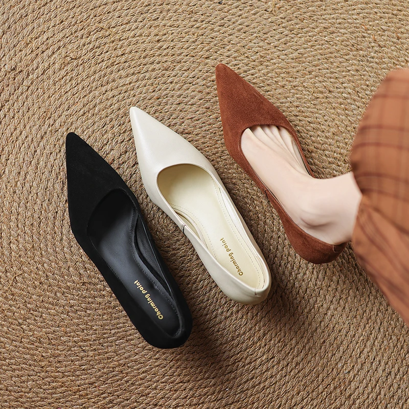 2026 new spring autumn women pumps natural leather 22-26cm kid suede+pigskin+sheepskin pointed toe high heel loafers women shoes