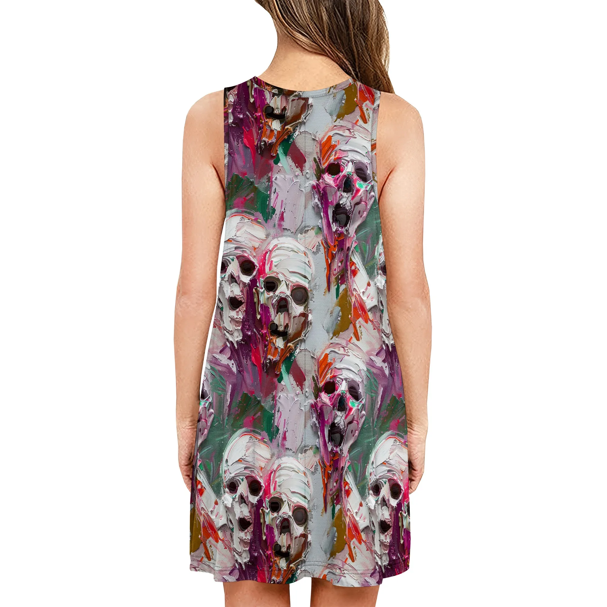 Mini abito estivo da donna senza maniche con stampa teschio Boho con tasche per appuntamenti, shopping, feste