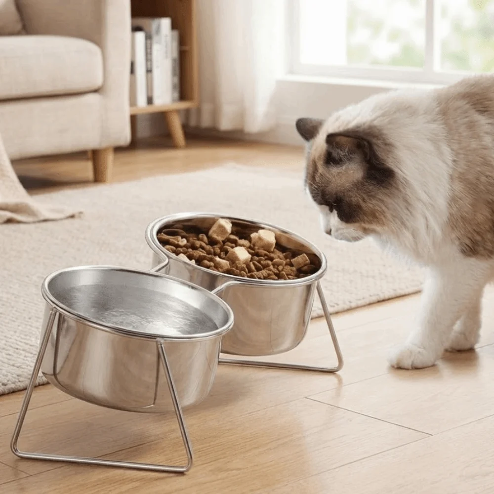 Anti-Tipping Stainless Steel Cat Bowl with Stand Sturdy High Foot Dog Feeder Anti-leak Rust Proof Elevated Cat Food Bowl