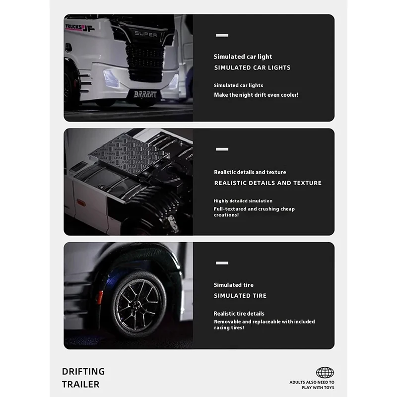 1/43 Simulatie Trailer Oplegger Afstandsbediening Transportvoertuig Container Vrachtwagen Automodel Met Geluid En Licht Kinderen