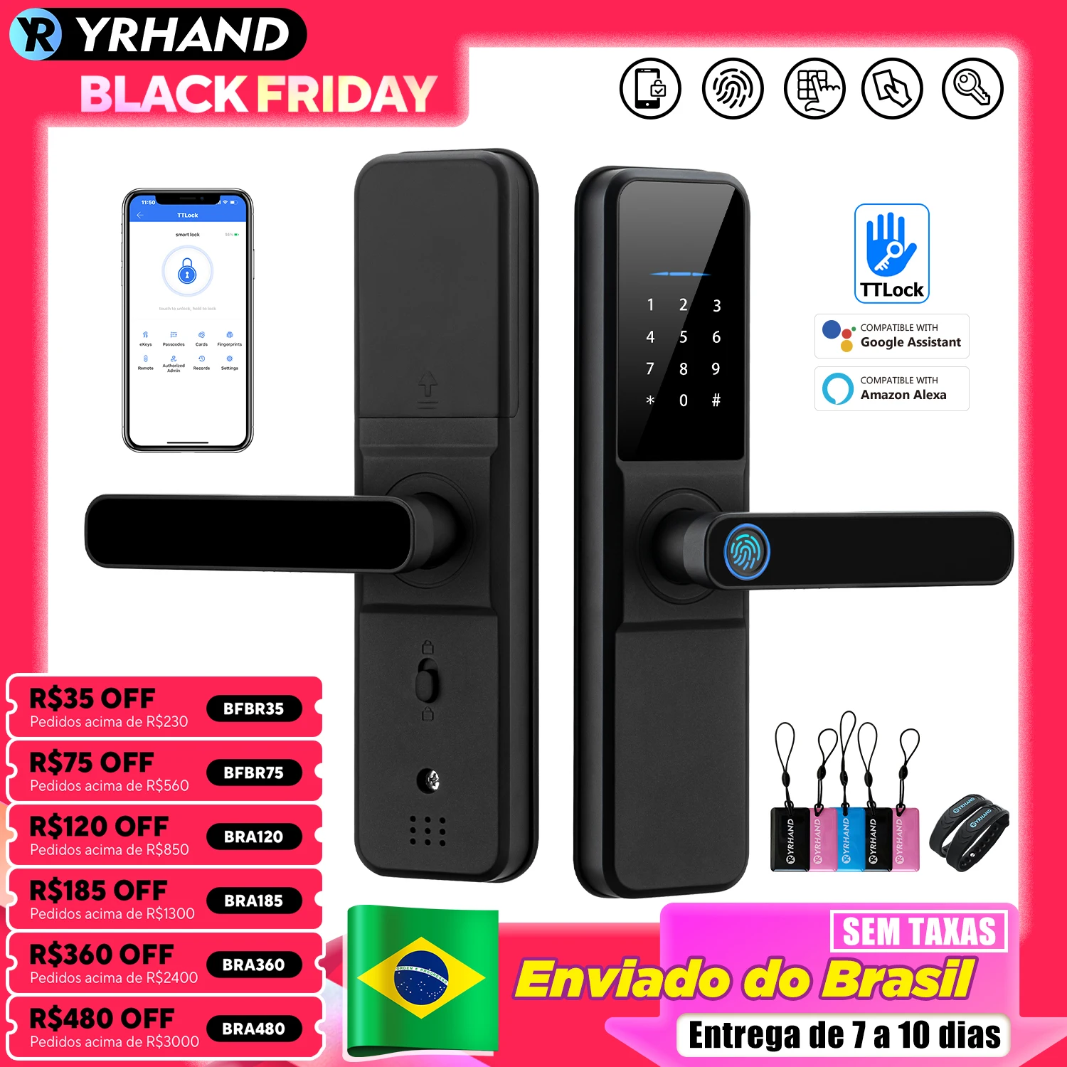 YRHAND Do Brasil cerradura inteligente H01 Ttlock App Unlock Work With Gateway Alexa Free From Brazil Free Tax Smart Door lock