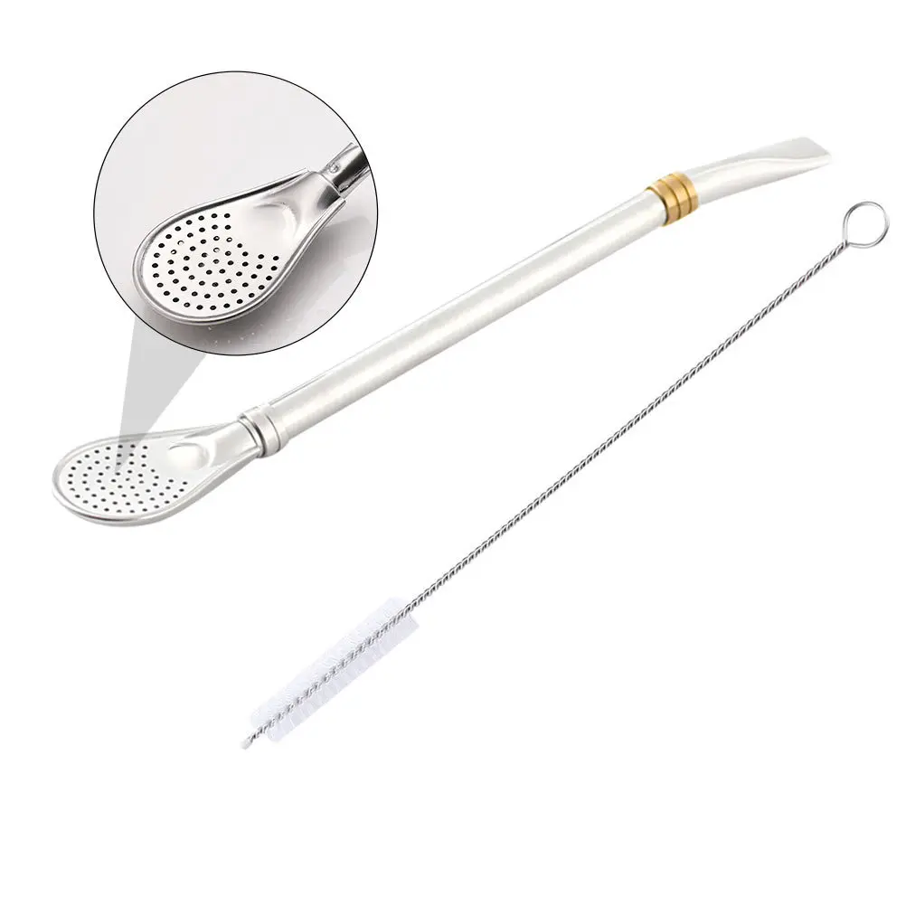 

Stainless Steel Straw Spoon With Hollow Tail Filter Flat Mouth Design For Coffee Smoothie Cleaning Brush Included Swizzle Sticks