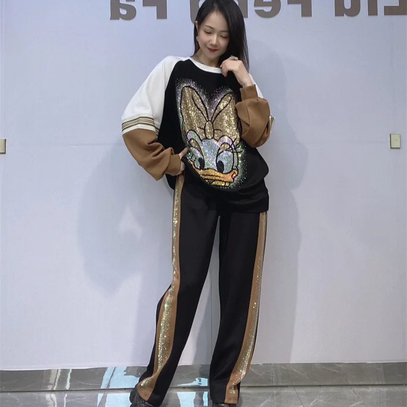 

Casual Two Piece Sets Womens Outifits Anime Diamonds O Neck Patchwork Tops Side Printed Pants Knitting Women Autumn Tracksuit