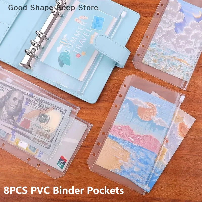

PVC Binder Pocket Cash Envelopes, Money Organizer Document Filing, Loose Leaf Inserts, Zipper Folders, Pouches, A5, A6, A7, 8Pcs