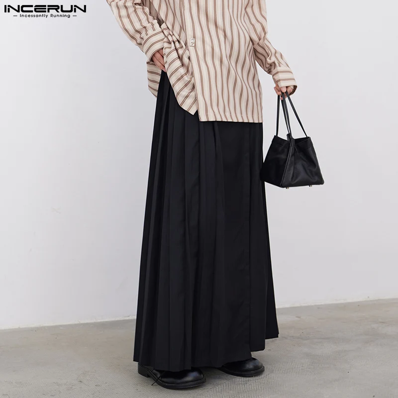 INCERUN 남성용 편안한 플리츠 스커트 바지, 캐주얼 스트리트웨어, 올매치 남성 단색 바지 S-5XL, 한국 스타일, 2024 신상