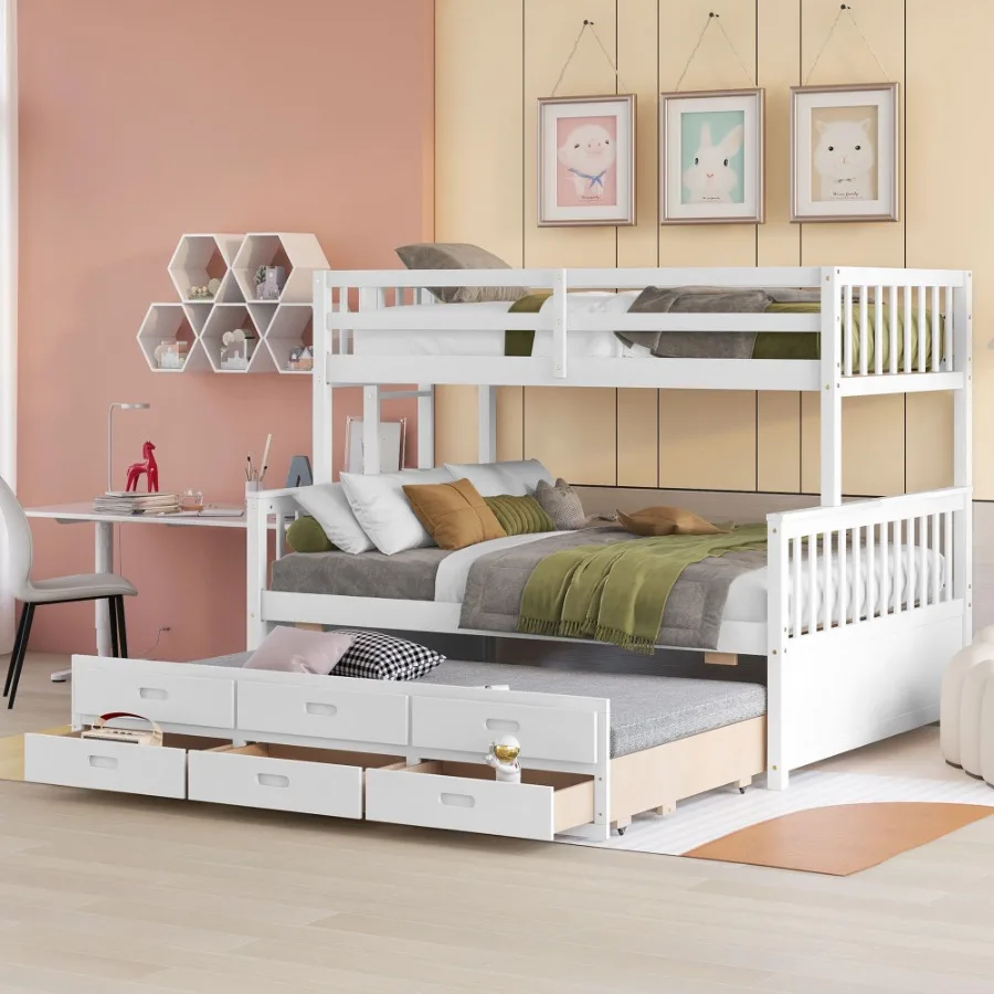 

Двухъярусная кровать Twin-Over-Full с выдвижной кроватью Twin и ящиками для хранения, из массива дерева, белая, компактный дизайн для спальни